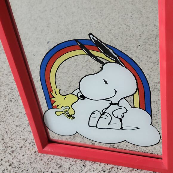 VTG Snoopy Woodstock Kissing Rainbow Cloud Mirror Red Framed Peanuts 1958 1965 - Picture 8 of 15